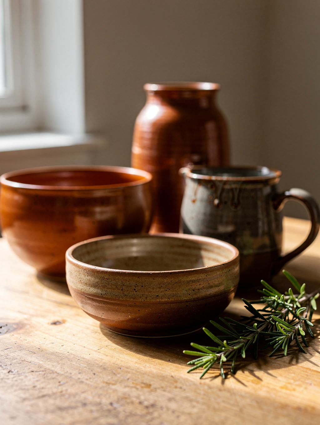 Close-up of textured handmade ceramics in a sunlit studio setting with soft shadows