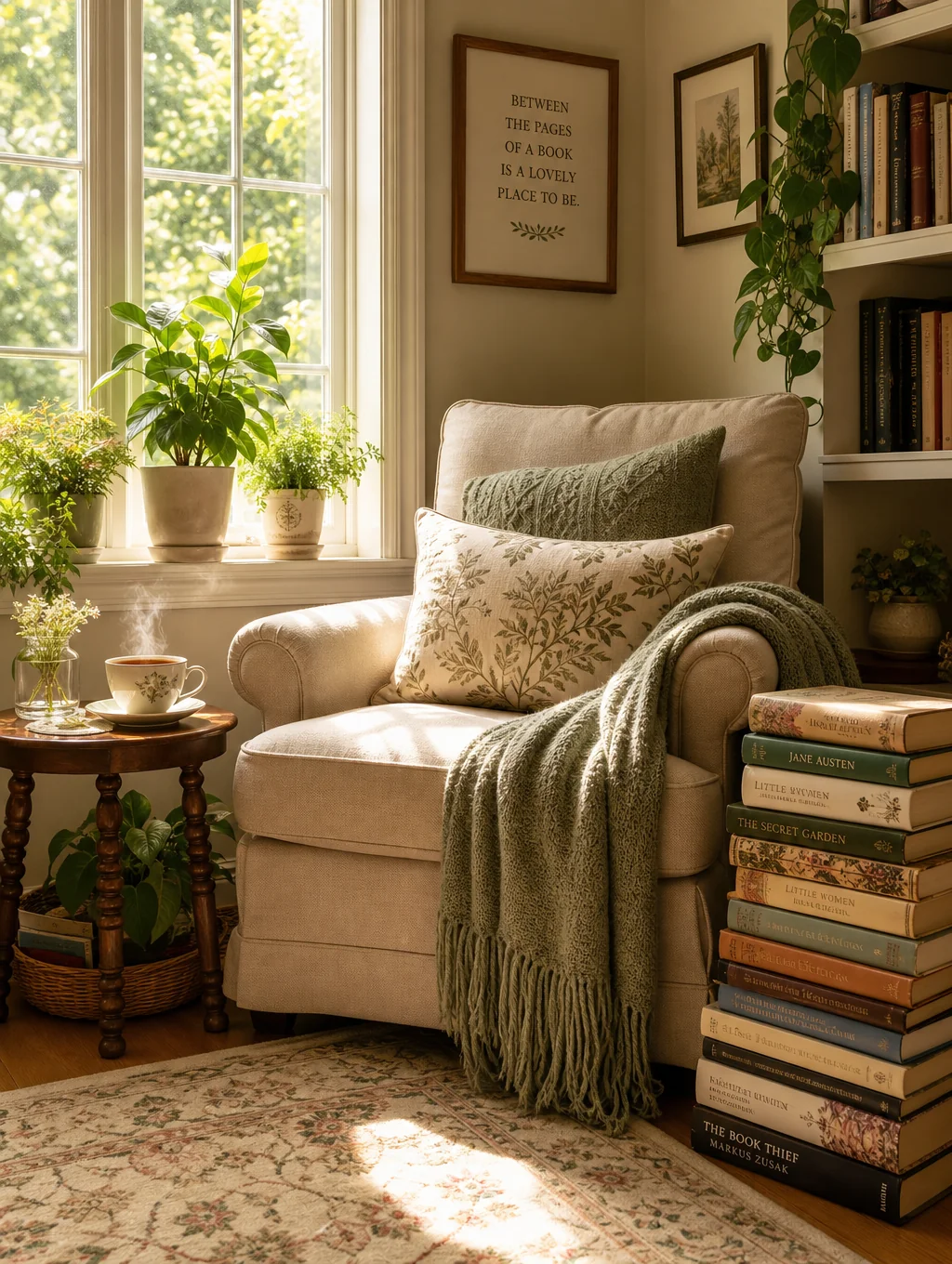 Cozy reading nook with a stack of books and a warm cup of tea in soft morning light