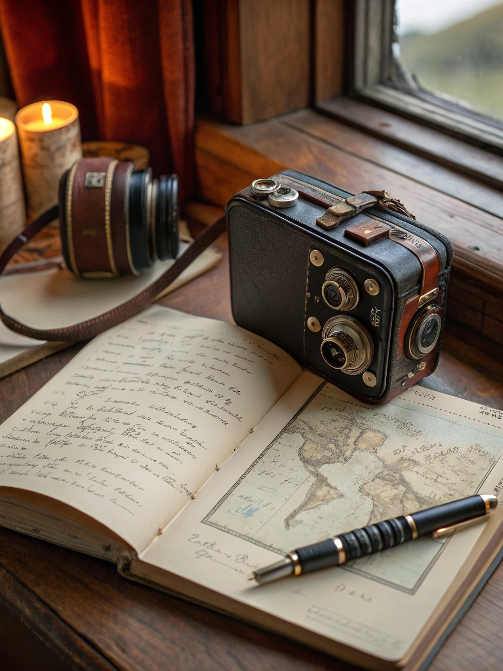 Warm-lit photograph of a vintage camera resting on a wooden desk with scattered handwritten notes