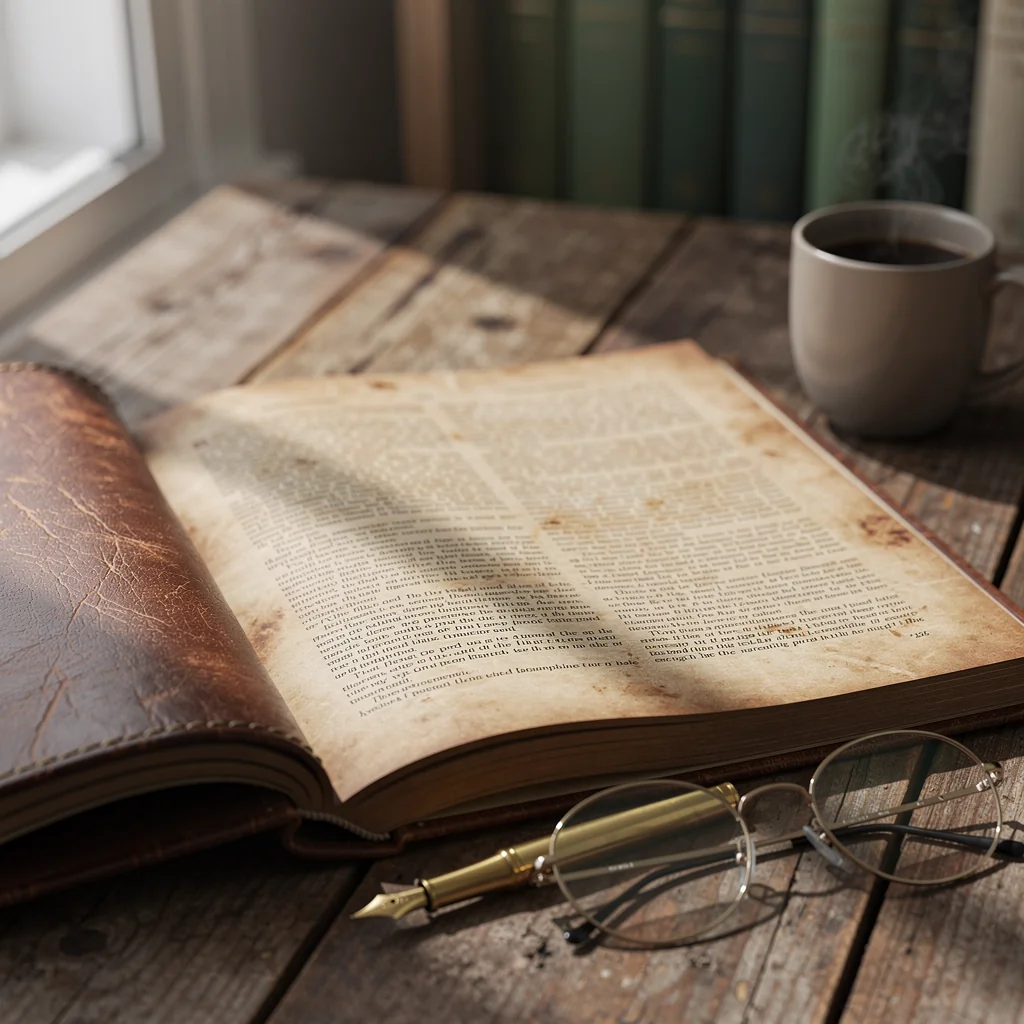 A well-loved hardcover book resting on a wooden table