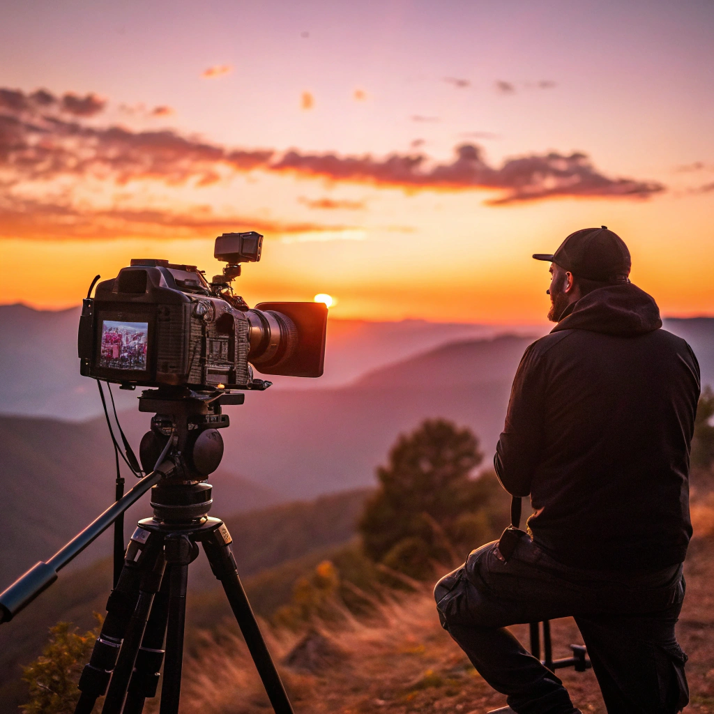 A vintage film camera capturing a sunset