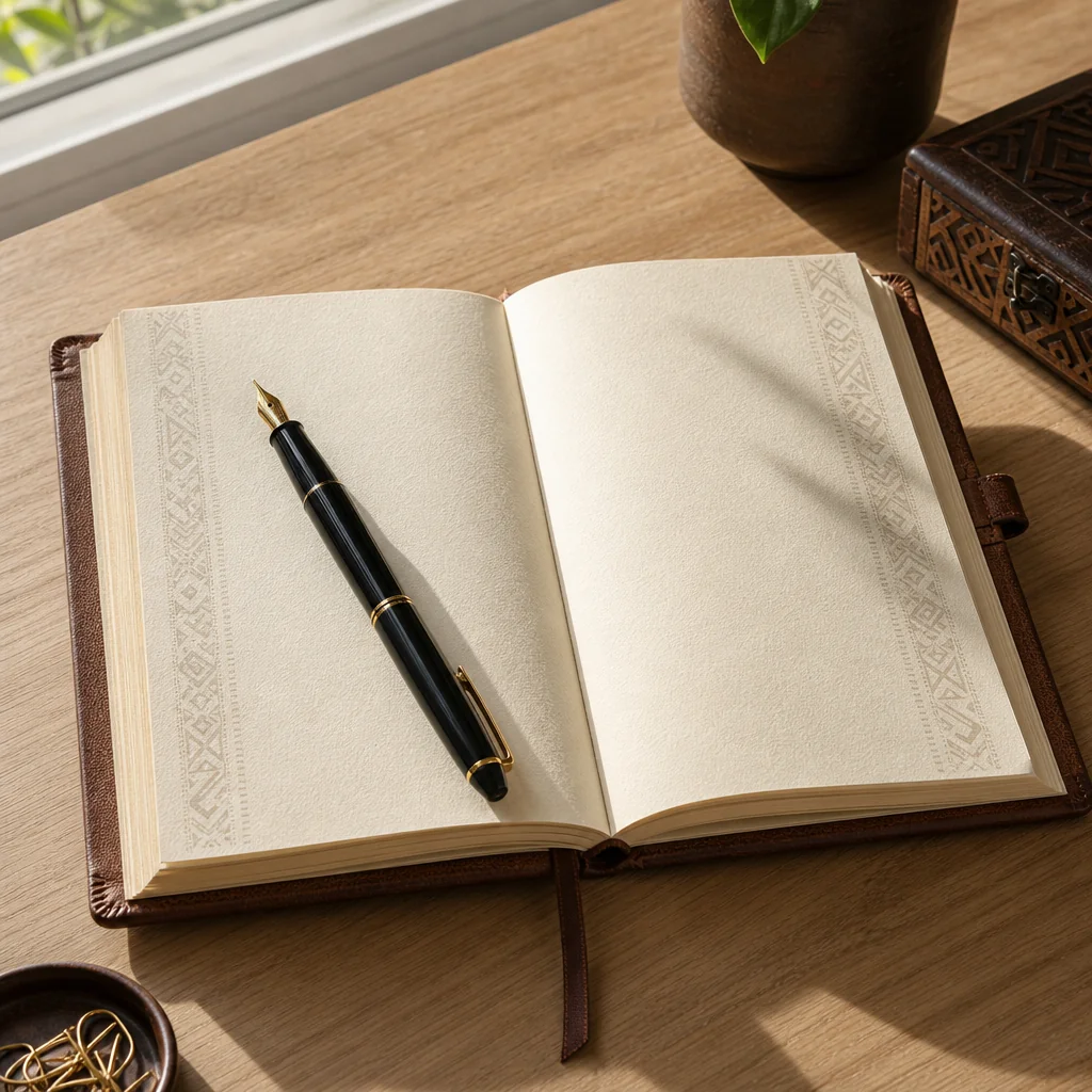 A leather-bound journal with handwritten notes