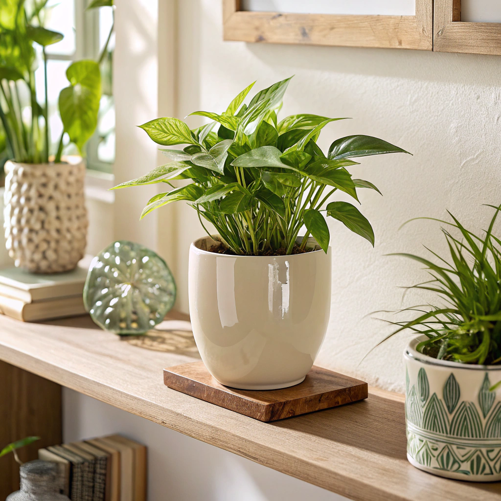 A lush green houseplant in a sunlit corner