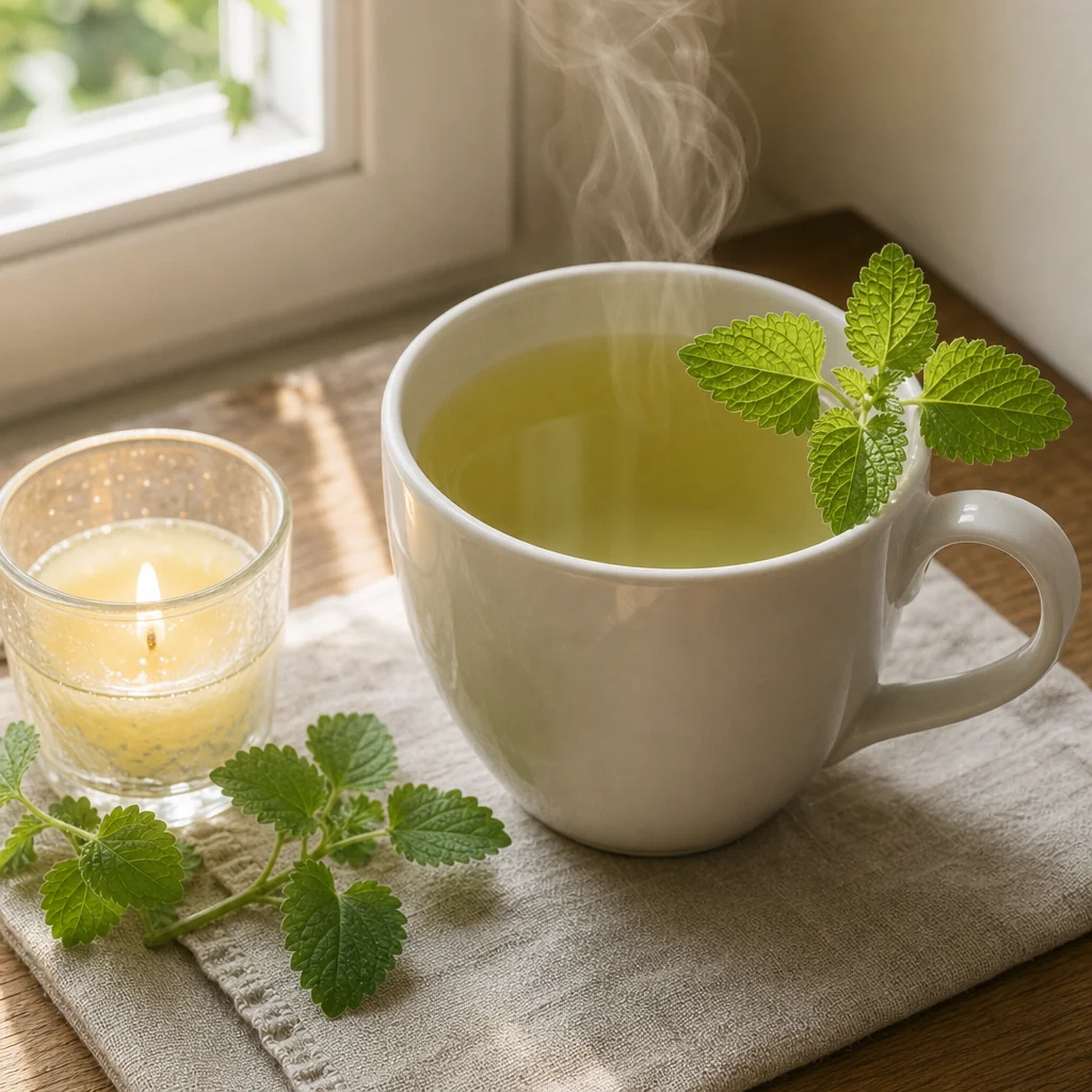A steaming ceramic mug of herbal tea
