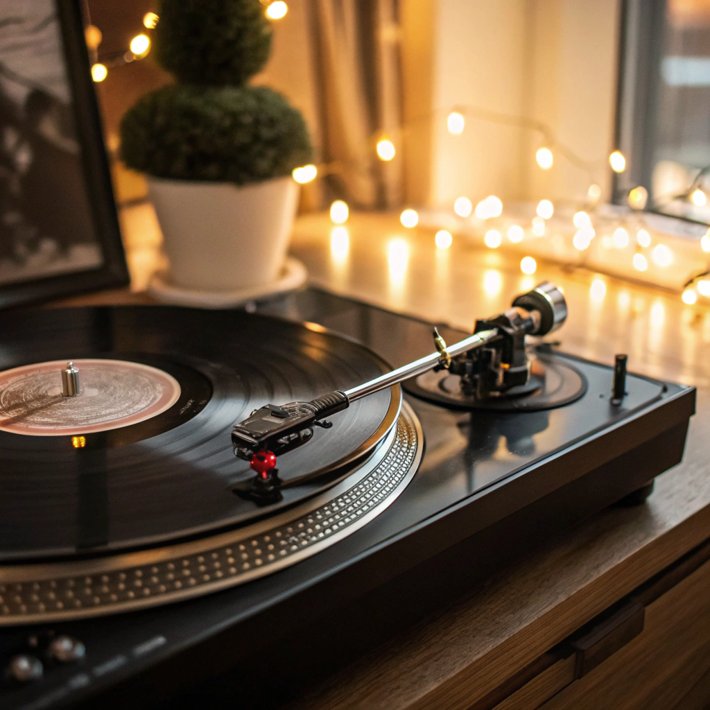 Vintage vinyl record spinning on a turntable