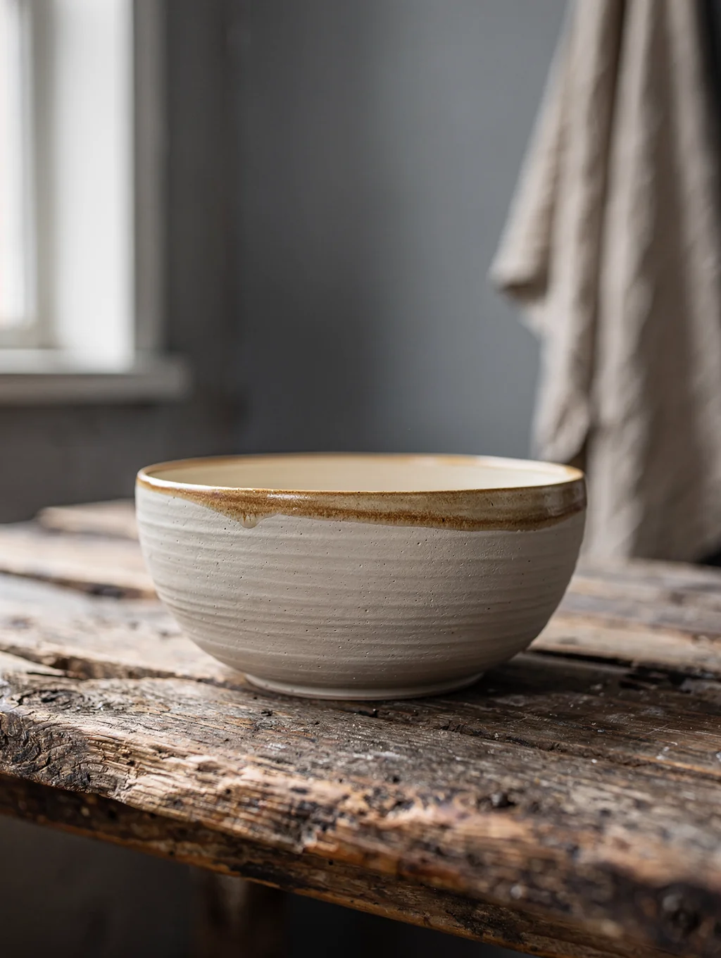 Handmade ceramic bowls on a wooden studio table