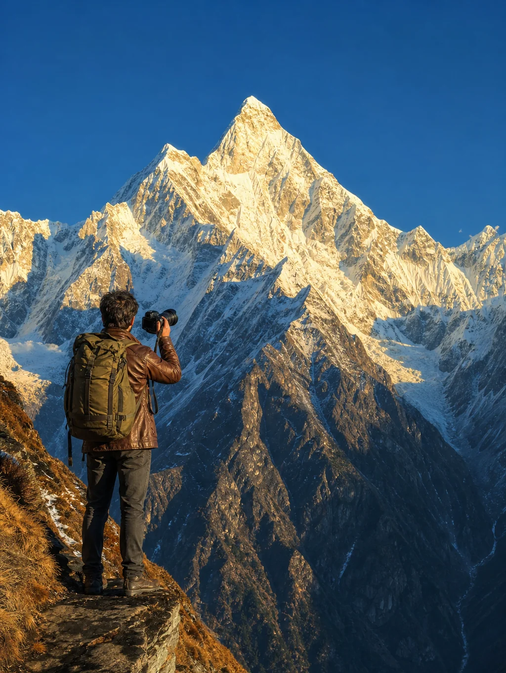 Snow-capped mountain peaks at sunrise