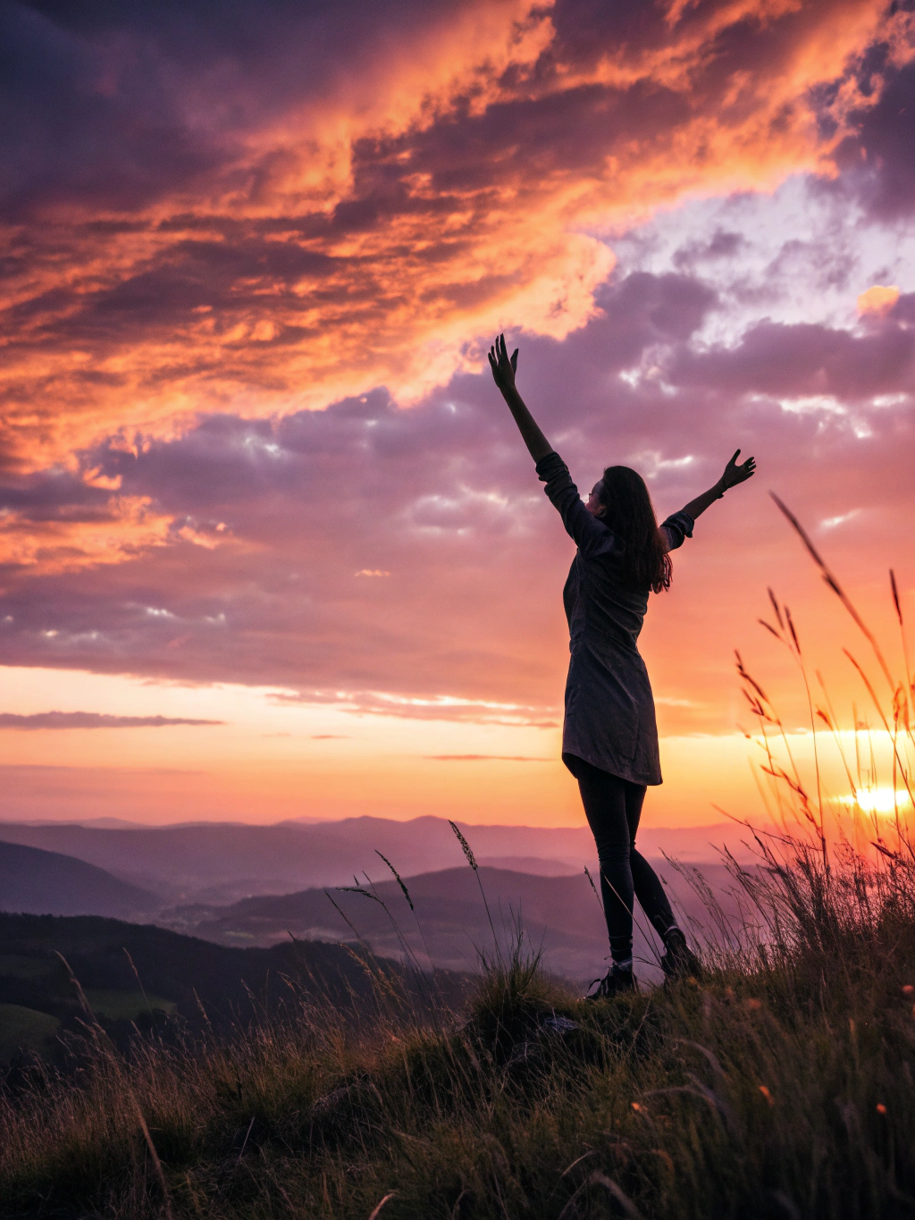 Serine standing on a mountain peak at sunrise, looking out over a vast, golden horizon