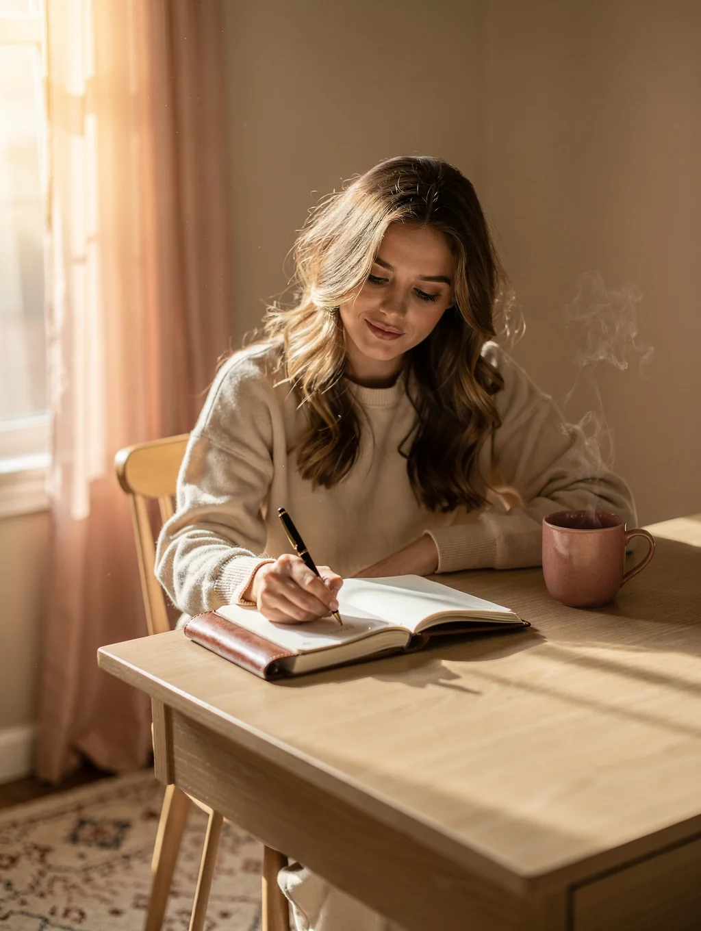 Serine writing in a journal by a window