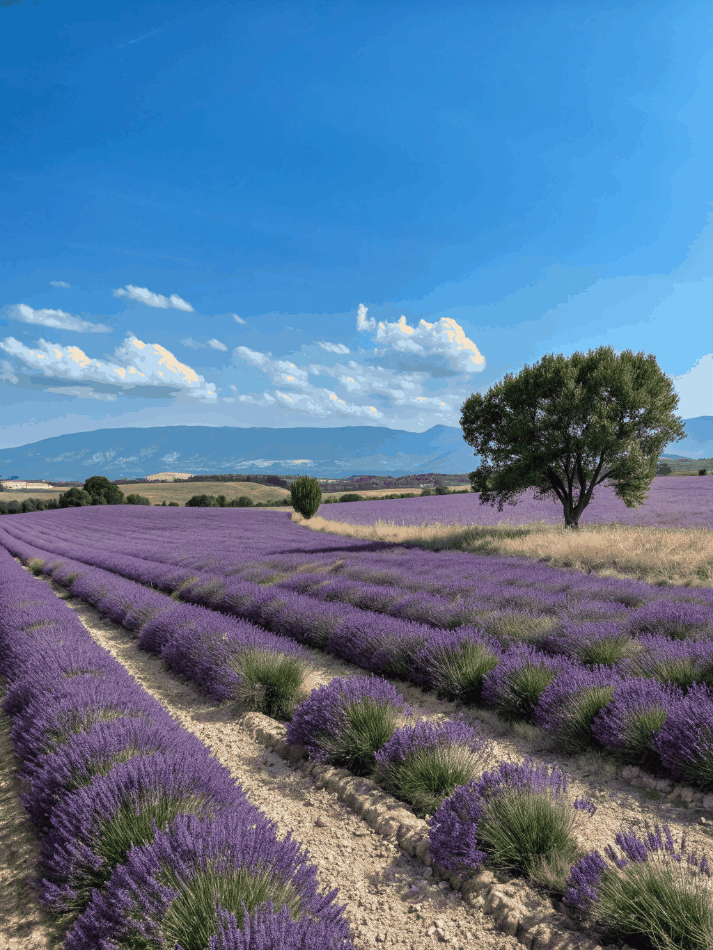 Sunlit lavender fields in Provence during summer