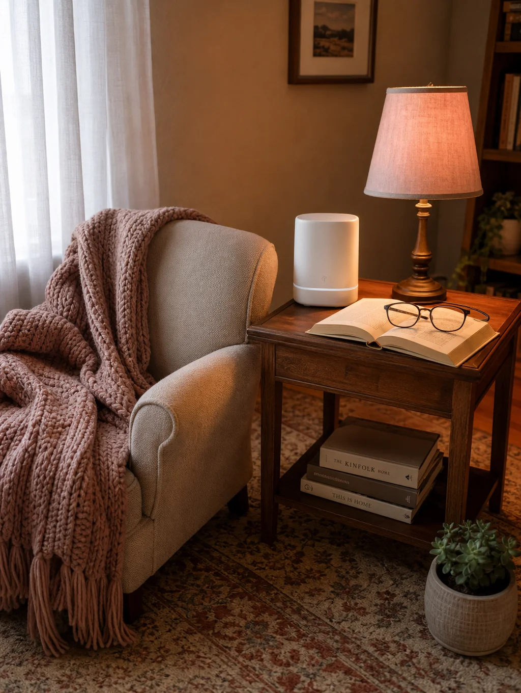 A stack of Serine's favorite books on a cozy reading nook shelf