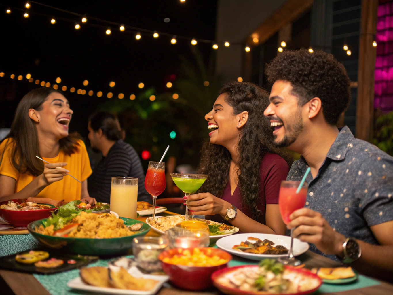 Serine laughing with friends at a dinner party