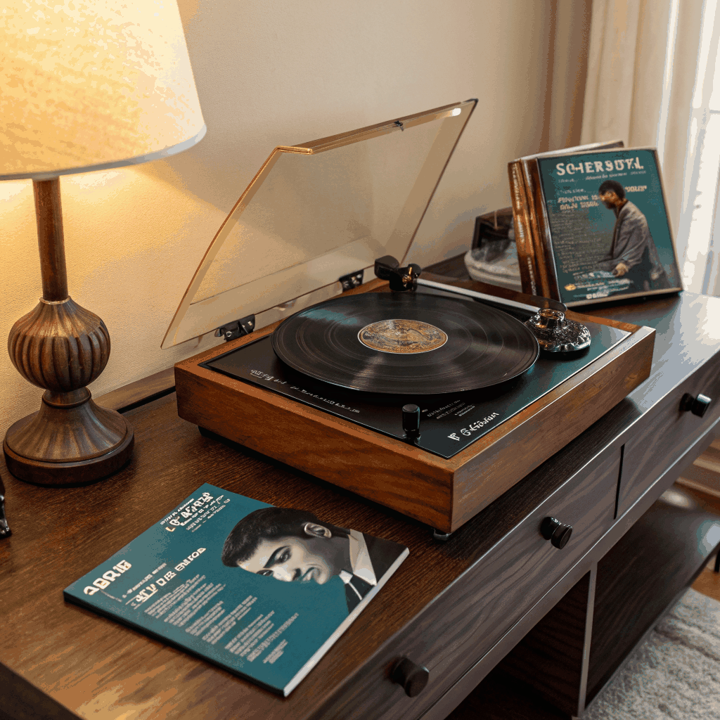 Vinyl records and music gear in Serine's room