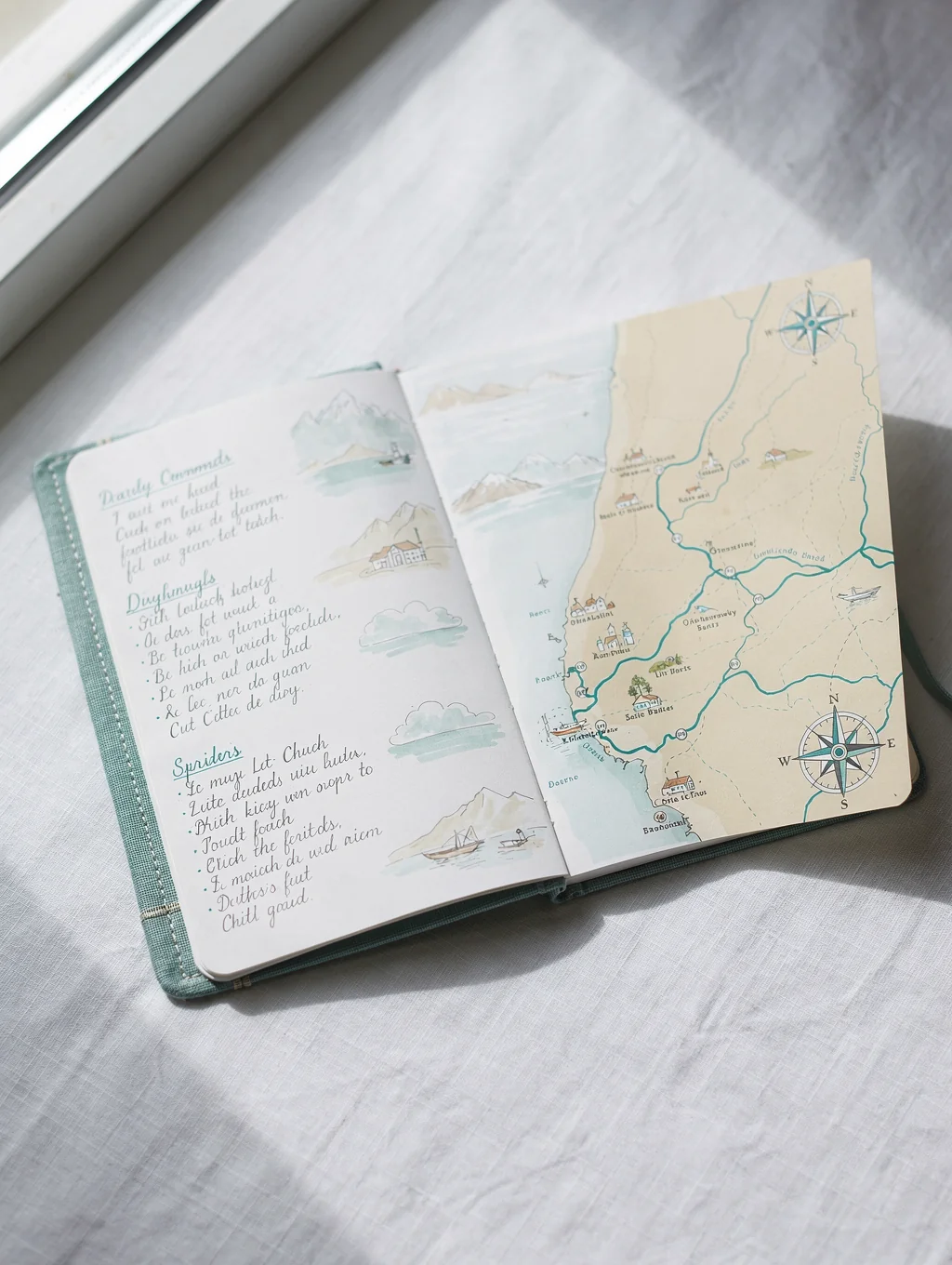 Serine's travel journal open on a sunlit wooden table with a coffee cup