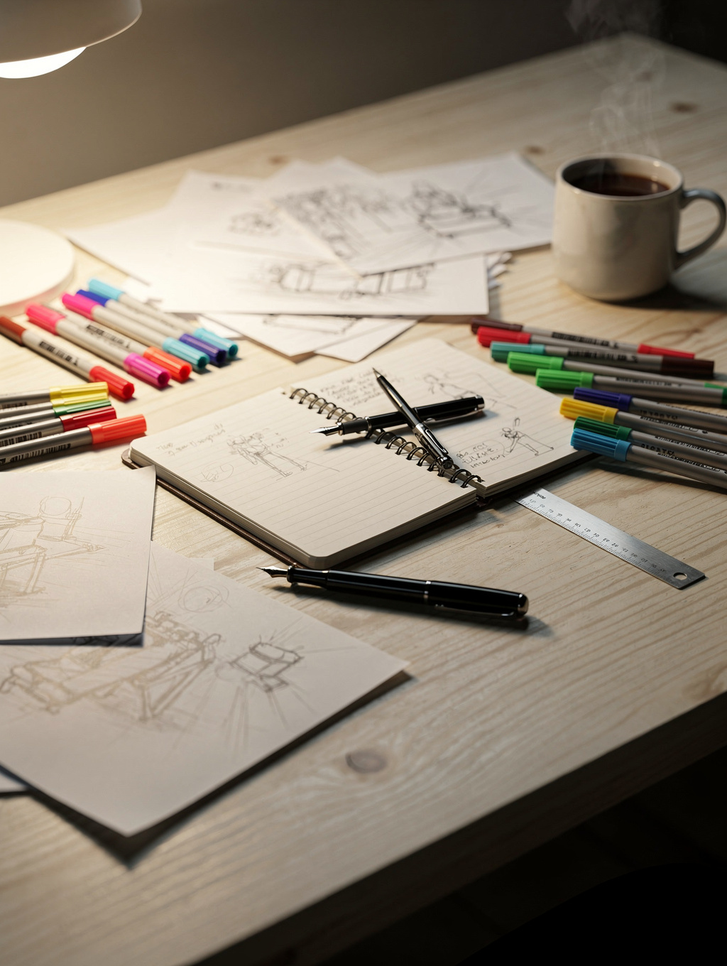 Charcoal sketches spread across a studio desk