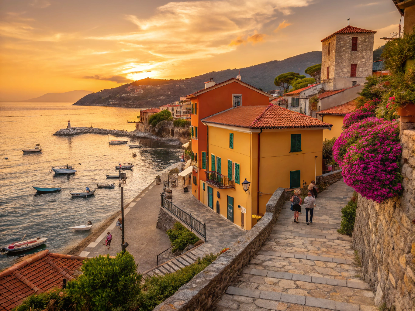 Sun-drenched landscape photograph of a coastal village at golden hour with warm amber tones